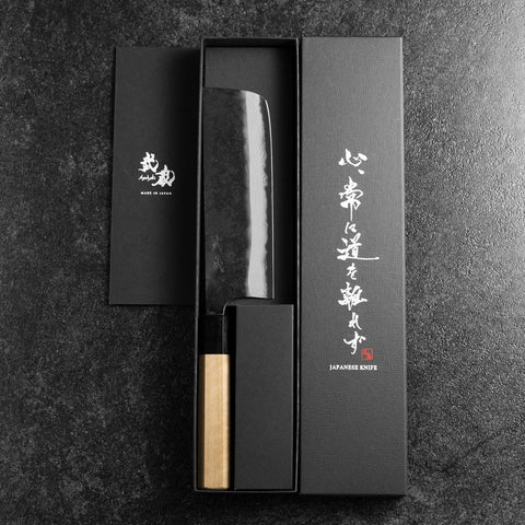 Nakiri Blue Steel #2 Kurouchi Damast Büffelhorn und Magnolienholz Griff 165mm-[Musashi]-[Japan-Küchenmesser]