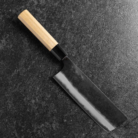 Nakiri Blue Steel #2 Kurouchi Damast Büffelhorn und Magnolienholz Griff 165mm-[Musashi]-[Japan-Küchenmesser]