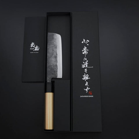 Nakiri Blue Steel #2 Kurouchi Hinoki Griff 135mm-[Musashi]-[Japan-Küchenmesser]