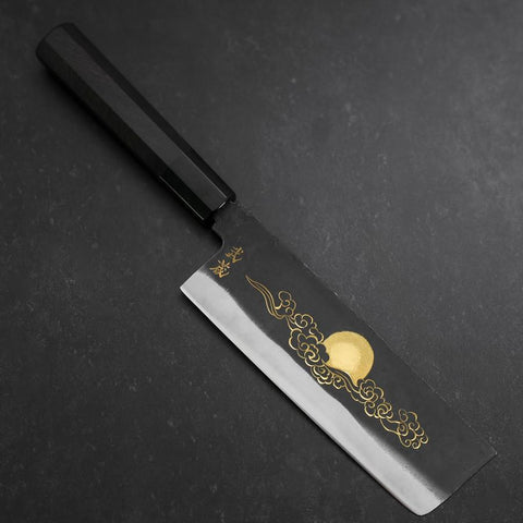 Nakiri Blue steel #2 Kurouchi Chokin Glückverheißende Sonne und Wolke Büffelhorn und Ebenholz Griff 165mm-[Musashi]-[Japan-Küchenmesser]