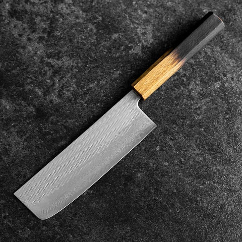 Nakiri Silver Steel #3 Nawame Damascus YakiUrushi Handle 165mm (6.5”)-[Musashi]-[Japan-Küchenmesser]