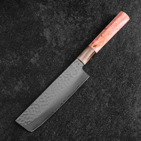 Nakiri VG-10 Tsuchime Damascus Buffalo Dark Pink Maple Handle 170mm (6.7”)-[Musashi]-[Japan-Küchenmesser]