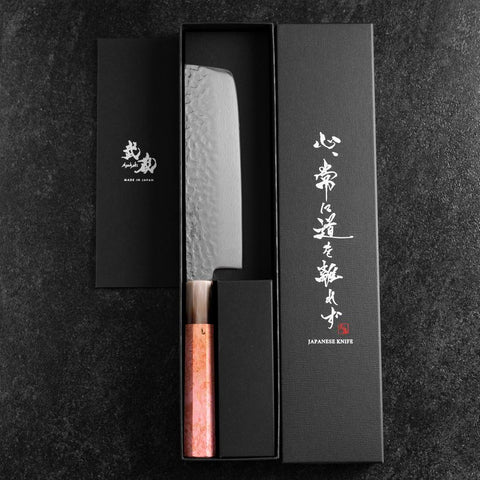 Nakiri VG-10 Tsuchime Damascus Buffalo Dark Pink Maple Handle 170mm (6.7”)-[Musashi]-[Japan-Küchenmesser]