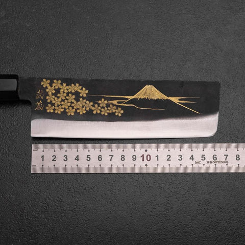 Nakiri White Steel #2 Kurouchi Chokin Sakura-Fuji Büffelhorn und Ebenholz Griff 165mm-[Musashi]-[Japan-Küchenmesser]