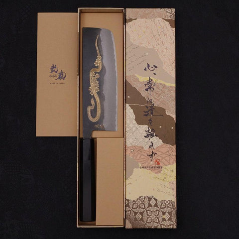 Nakiri White Steel #2 Kurouchi Chokin "Schlange In Sakura" Büffelhorn und Ebenholz Griff 165mm-[Musashi]-[Japan-Küchenmesser]