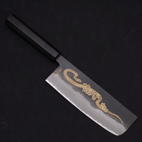 Nakiri White Steel #2, Kurouchi Chokin "Schlange in Sakura" Büffelhorn und Ebenholz Griff, 165mm-[Musashi]-[Japan-Küchenmesser]