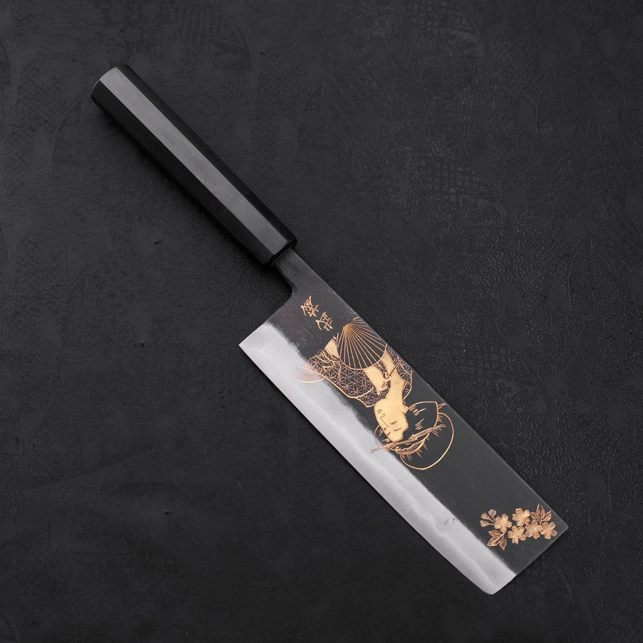 Nakiri White Steel #2 Kurouchi Chokin "Ukiyoe" Büffelhorn und Ebenholz Griff 165mm-[Musashi]-[Japan-Küchenmesser]