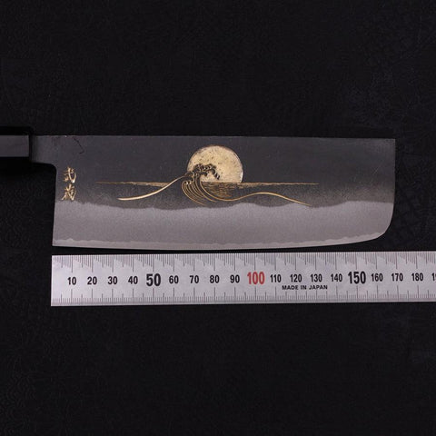 Nakiri White Steel #2 Kurouchi Chokin "Welle Im Sonnenaufgang" Büffelhorn und Ebenholz Griff 165mm-[Musashi]-[Japan-Küchenmesser]