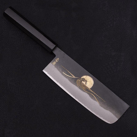 Nakiri White Steel #2, Kurouchi Chokin "Welle im Sonnenaufgang" Büffelhorn und Ebenholz Griff, 165mm-[Musashi]-[Japan-Küchenmesser]