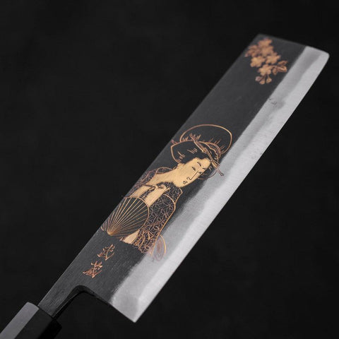 Nakiri White Steel #2 Kurouchi Chokin Ukiyo-E Buffalo Ebony Handle 165mm-[Musashi]-[Japanese-Kitchen-Knives]