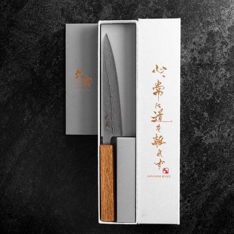 Petty 440C Nashiji Damascus Oak Handle 150mm (5.9”)-[Musashi]-[Japanese-Kitchen-Knives]