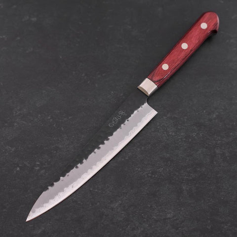 Petty Aogami Super Edelstahlummantelung Kurouchi Tsuchime Roter Westlicher Griff 150mm-[Musashi]-[Japan-Küchenmesser]