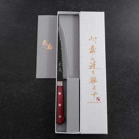 Petty Aogami Super Edelstahlummantelung Kurouchi Tsuchime Roter Westlicher Griff 150mm-[Musashi]-[Japan-Küchenmesser]