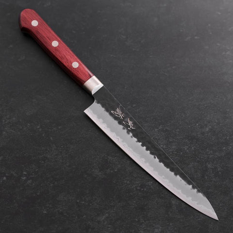 Petty Aogami Super Edelstahlummantelung Kurouchi Tsuchime Roter Westlicher Griff 150mm-[Musashi]-[Japan-Küchenmesser]