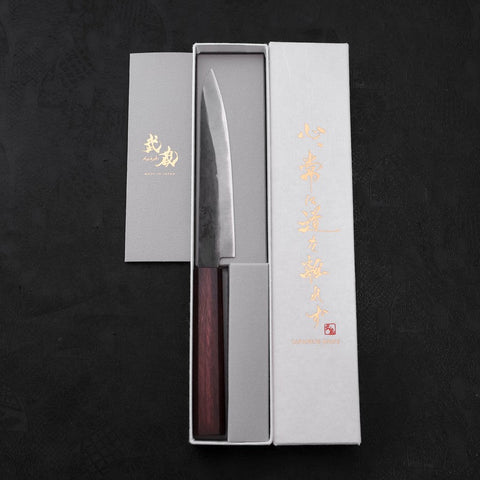 Petty Blue Steel #1 Edelstahlummantelung Kurouchi Lila Urushi Griff 150mm-[Musashi]-[Japan-Küchenmesser]