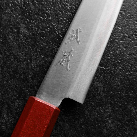 Petty Blue Steel #1 Edelstahlummantelung Poliert Rot-Schwarzer Urushi Griff 150mm-[Musashi]-[Japan-Küchenmesser]