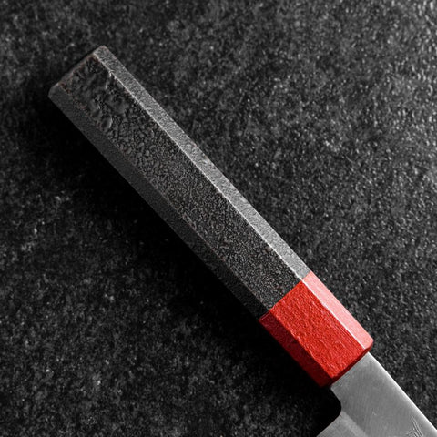 Petty Blue Steel #1 Edelstahlummantelung Poliert Rot-Schwarzer Urushi Griff 150mm-[Musashi]-[Japan-Küchenmesser]