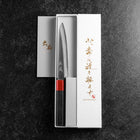 Petty Blue Steel #1 Edelstahlummantelung Poliert Rot-Schwarzer Urushi Griff 150mm-[Musashi]-[Japan-Küchenmesser]