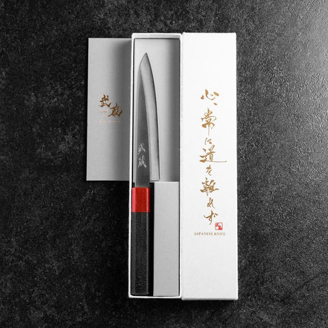Petty Blue Steel #1 Edelstahlummantelung Poliert Rot-Schwarzer Urushi Griff 150mm-[Musashi]-[Japan-Küchenmesser]