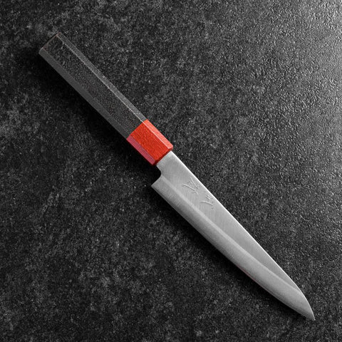 Petty Blue Steel #1 Edelstahlummantelung Poliert Rot-Schwarzer Urushi Griff 150mm-[Musashi]-[Japan-Küchenmesser]