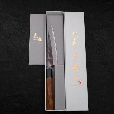 Petty Blue Steel #2 Edelstahlummantelung Nashiji Büffelhorn und Teakholz Griff 135mm-[Musashi]-[Japan-Küchenmesser]