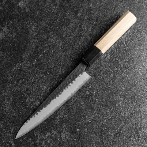 Petty Edelstahlummantelung Blue Super Kurouchi Tsuchime Büffelhorn und Magnolienholz Griff 150mm-[Musashi]-[Japan-Küchenmesser]