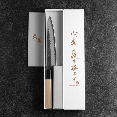 Petty Edelstahlummantelung Blue Super Kurouchi Tsuchime Büffelhorn und Magnolienholz Griff 150mm-[Musashi]-[Japan-Küchenmesser]