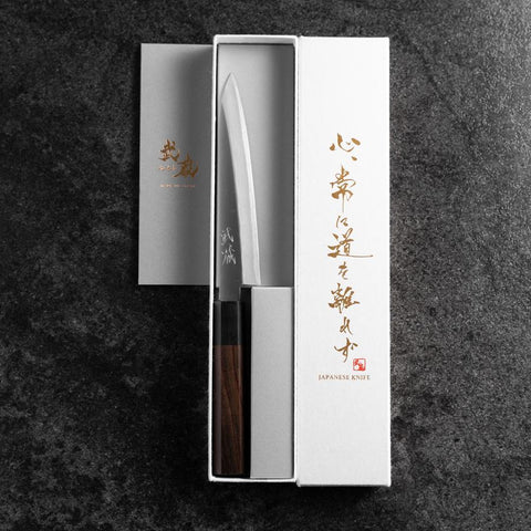Petty Edelstahlummantelung Blue Super Poliert Rosenholz Griff 150mm-[Musashi]-[Japan-Küchenmesser]