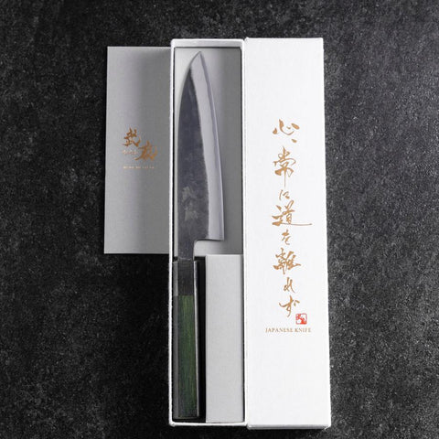 Petty Stainless Clad Blue Steel #2 Kurouchi Green Urushi Handle 150mm (5.9”)-[Musashi]-[Japan-Küchenmesser]