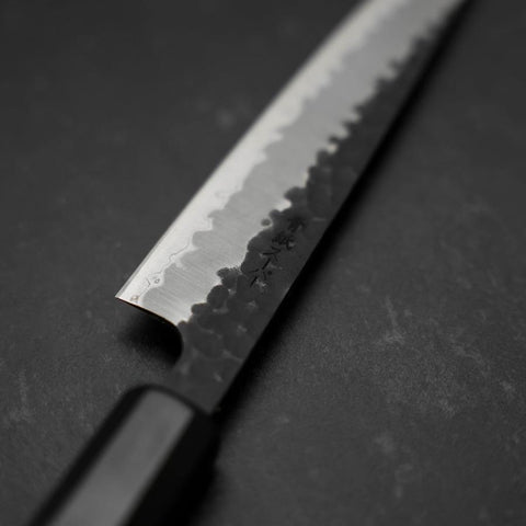 Petty Stainless Clad Blue Super Kurouchi Tsuchime Buffalo Ebony Handle 135mm (5.3”)-[Musashi]-[Japan-Küchenmesser]