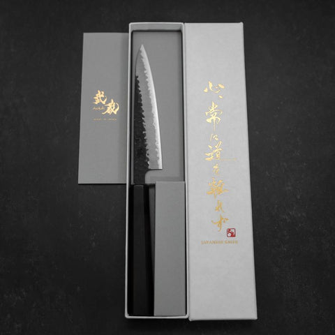 Petty Stainless Clad Blue Super Kurouchi Tsuchime Buffalo Ebony Handle 135mm (5.3”)-[Musashi]-[Japan-Küchenmesser]