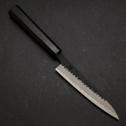 Petty Stainless Clad Blue Super Kurouchi Tsuchime Buffalo Ebony Handle 135mm (5.3”)-[Musashi]-[Japan-Küchenmesser]