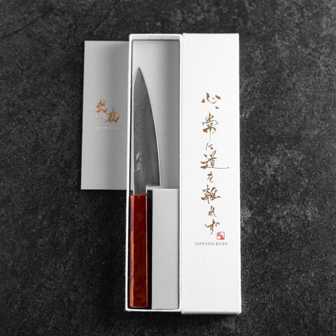 Petty VG-10 Damast Yamanaka Roter Urushi Griff 135mm-[Musashi]-[Japan-Küchenmesser]