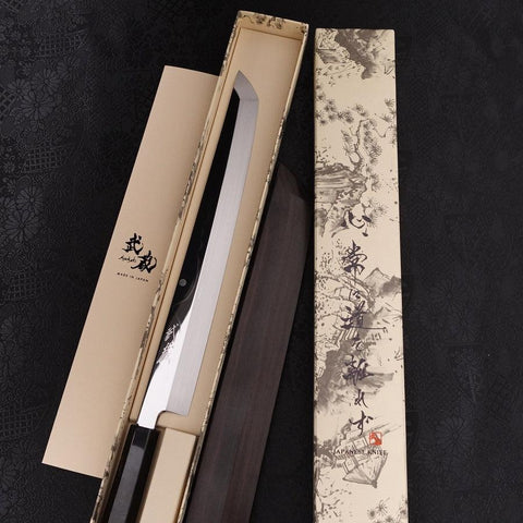 Sakimaru Takohiki White Steel #2 Mond-Fuji Sui-Honyaki Büffelhorn und Ebenholz Griff 270mm-[Musashi]-[Japan-Küchenmesser]