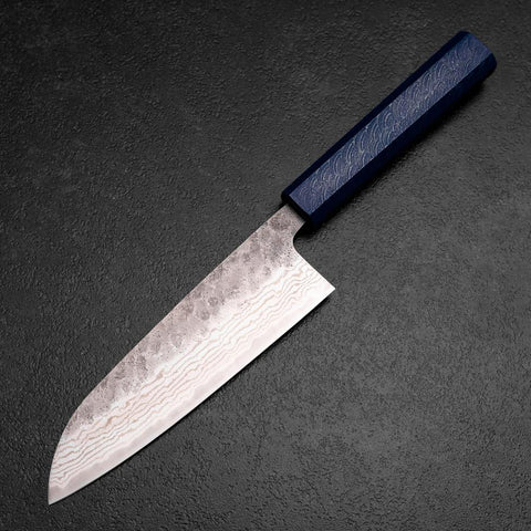 Santoku 440C Nashiji Damast Blauer Urushi Griff 165mm-[Musashi]-[Japan-Küchenmesser]