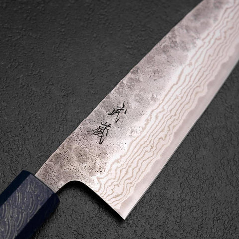 Santoku 440C Nashiji Damast Blauer Urushi Griff 165mm-[Musashi]-[Japan-Küchenmesser]
