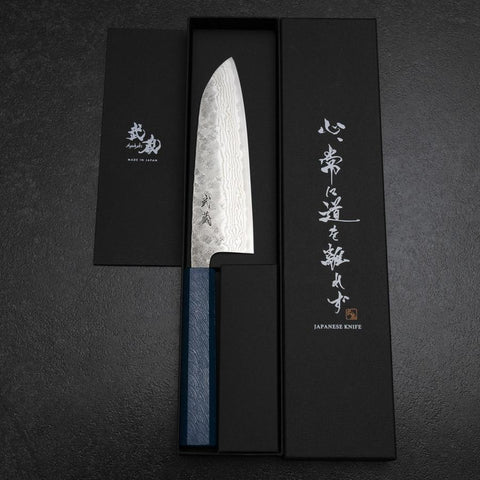 Santoku 440C Nashiji Damast Blauer Urushi Griff 165mm-[Musashi]-[Japan-Küchenmesser]
