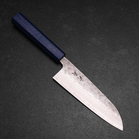 Santoku 440C Nashiji Damast Blauer Urushi Griff 165mm-[Musashi]-[Japan-Küchenmesser]