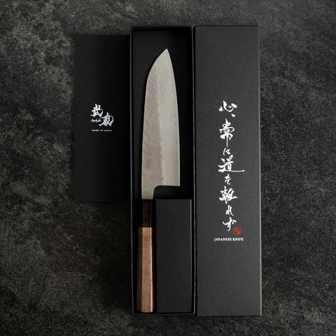 Santoku 440C Nashiji Damast Büffelhorn und Walnussholz Griff 165mm-[Musashi]-[Japan-Küchenmesser]