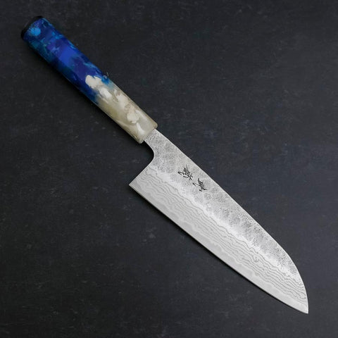 Santoku 440C Nashiji Damast Ozeanplastik Weiß-Blauer Griff 165mm-[Musashi]-[Japan-Küchenmesser]