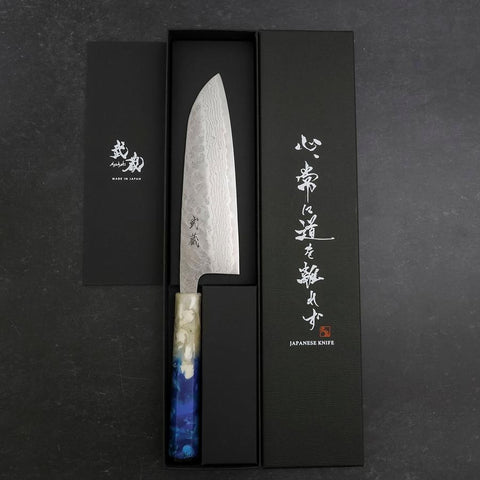 Santoku 440C Nashiji Damast Weiß-Blauer Ozeanplastik Griff 165mm-[Musashi]-[Japan-Küchenmesser]