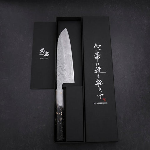 Santoku 440C Nashiji Damast Weiß-Schwarzer Ozeanplastik Griff mit Blattgold 165mm-[Musashi]-[Japan-Küchenmesser]