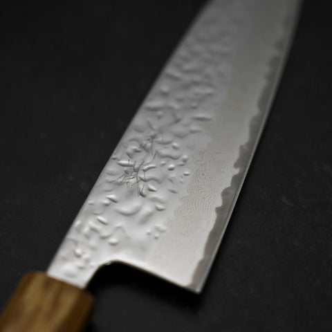 Santoku AUS-10 Kagami Tsuchime Damast Yaki Urushi Griff 165mm-[Musashi]-[Japan-Küchenmesser]
