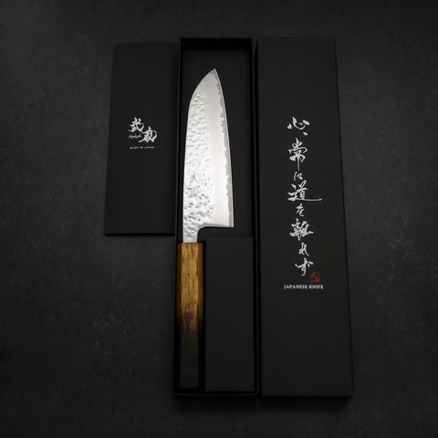 Santoku AUS-10 Kagami Tsuchime Damast Yaki Urushi Griff 165mm-[Musashi]-[Japan-Küchenmesser]