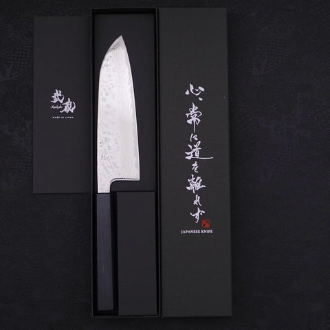 Santoku AUS-10 Nashiji Damast Dunkelblauer Urushi Griff 165mm-[Musashi]-[Japan-Küchenmesser]