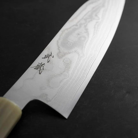 Santoku AUS-10 Nickel Damast Büffelhorn und Türkis Griff 170mm-[Musashi]-[Japan-Küchenmesser]