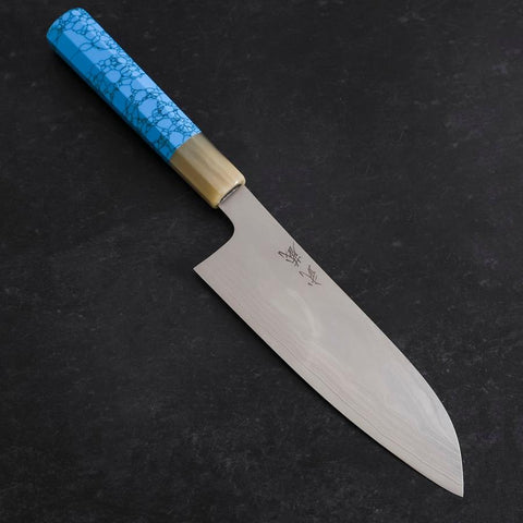 Santoku AUS-10 Nickel Damast Büffelhorn und Türkis Griff 170mm-[Musashi]-[Japan-Küchenmesser]