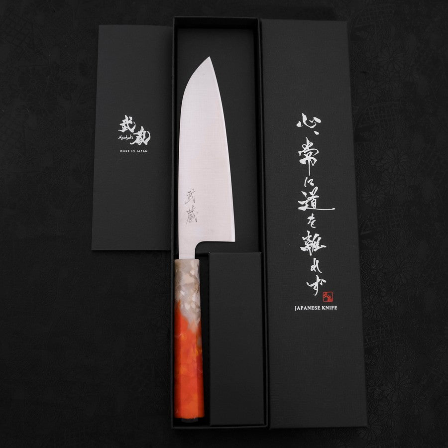 Santoku AUS-10, Poliert Ozeanplastik Griff in Orange-Weiß, 165mm-[Musashi]-[Japan-Küchenmesser]