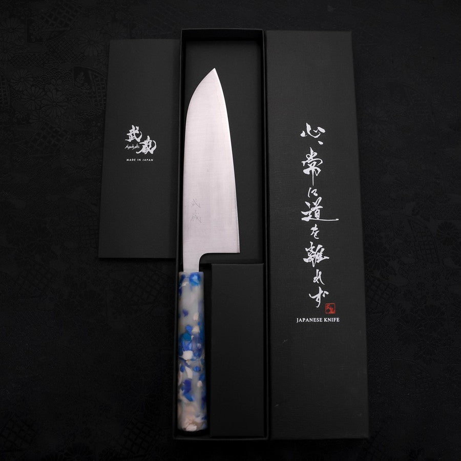 Santoku AUS-10 Poliert Weißer-Mix Ozeanplastik Griff 165mm-[Musashi]-[Japan-Küchenmesser]