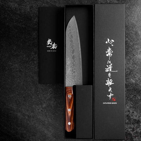 Santoku AUS-10 Tsuchime Damascus Brown Western Handle 180mm (7”)-[Musashi]-[Japanese-Kitchen-Knives]
